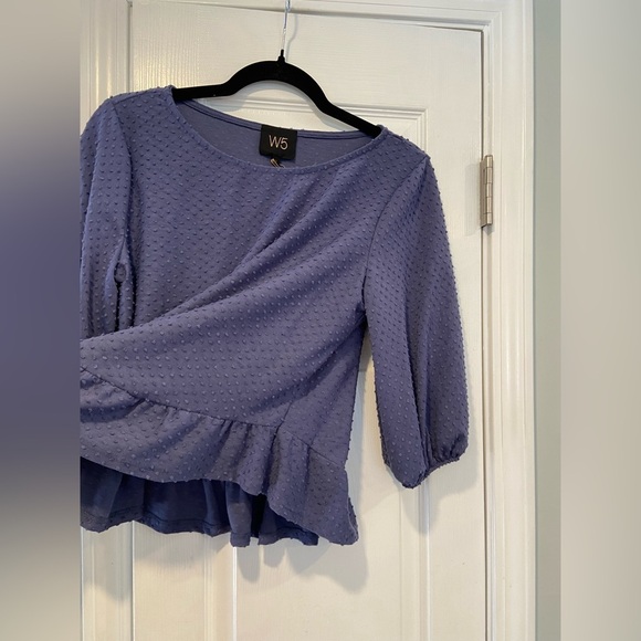 NWT W5 Size S Blue Periwinkle Swiss Dot 3/4 Sleeve Peplum Blouse Pullover - Picture 7 of 11